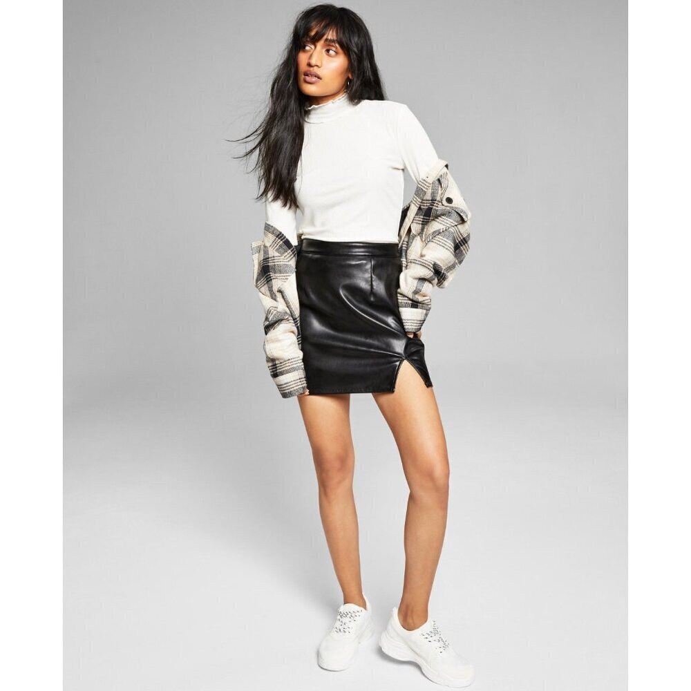 And Now This Womens Size Medium Faux Leather Mini Skirt‎ with Slit in Black 2720